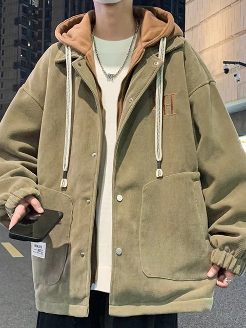 Corduroy jacket for male teenagers in autumn and winter hooded thickened quilted jacket for male high school students winter clothing two-padded jacket