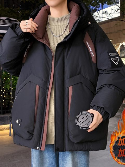 2025 Winter Cotton Clothes for Boys Middle and High School Students Thickened Warm Cotton Jackets Teenagers Spliced Coldproof Hooded Bread Clothes