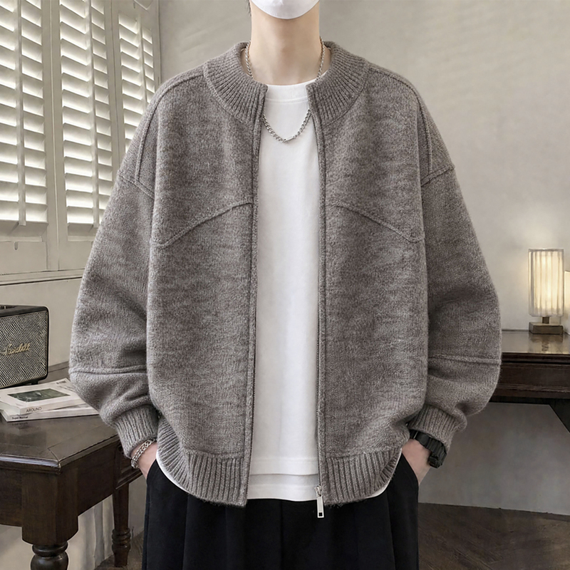 Zipper Cardigan Sweater for Male Middle and High School Students, Autumn Baseball Collar Knitted Jacket, Youth Casual Solid Color Jacket