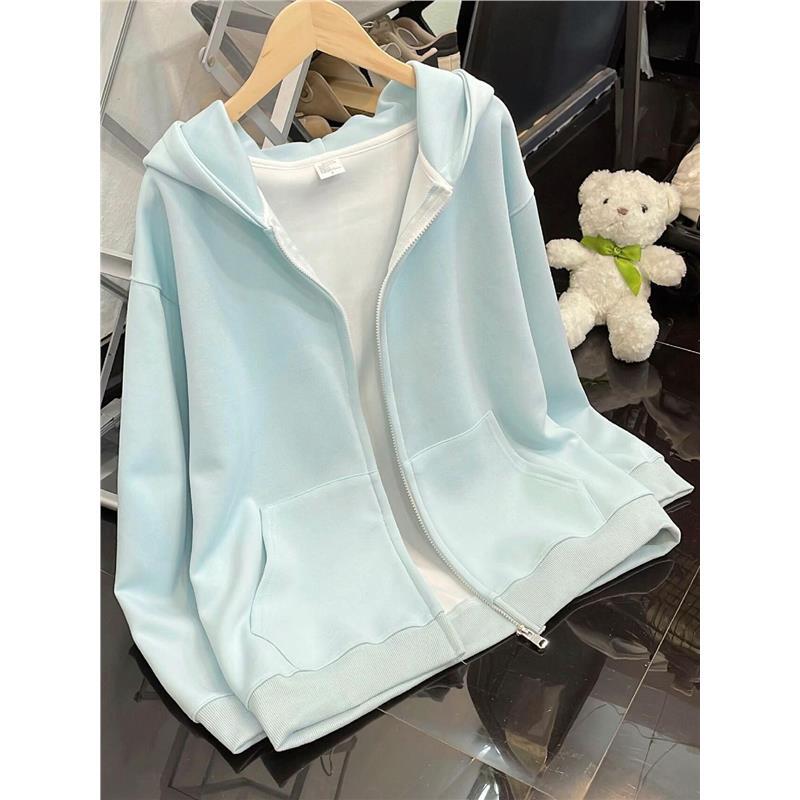 Korean-Style Super Stylish Early Spring Thin Light Blue Hooded Sweatshirt for Women, Trendy Hot-Selling Zip-Up Cardigan for Layering