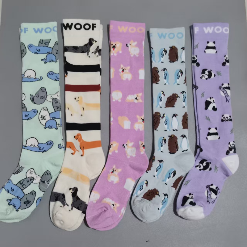 Cartoon Series Pressure Calf Socks with Towel Bottom, Comfortable Compression Socks, High Tube Cute Calf Socks for Women