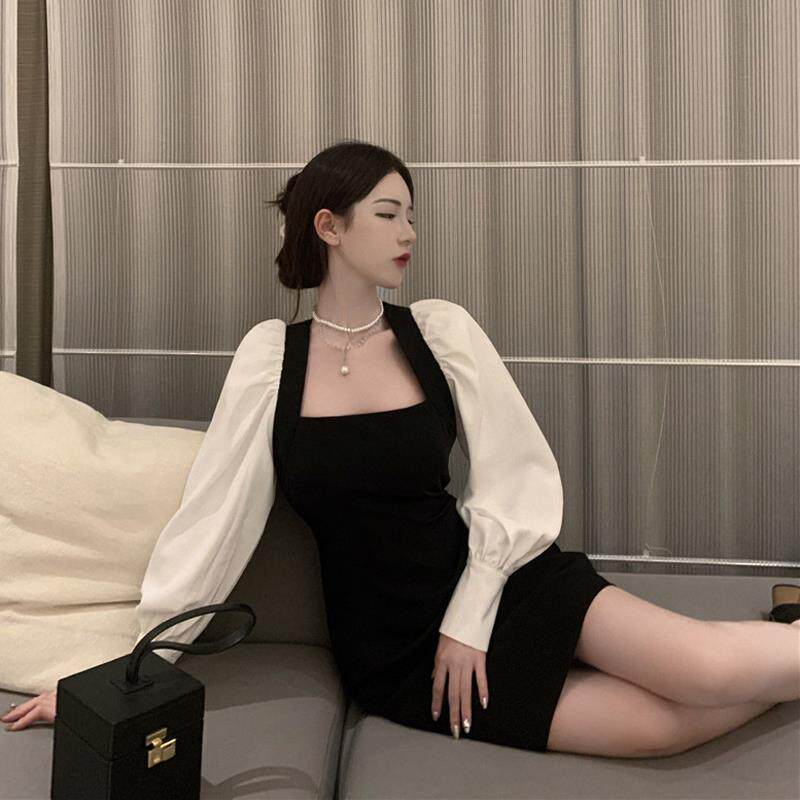 Contrasting color puff sleeves square collar long-sleeved dress autumn 2022 new women's clothing waist and slim temperament bag hip skirt
