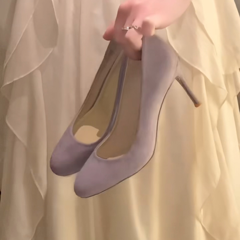 Elegant Socialite Stiletto High Heels Paired with a Dress, Purple Single Shoes, Round Toe, Shallow Mouth, Suede Bridesmaid Shoes for Women, Autumn Elegant Socialite Stiletto High Heels Paired with a Dress, Purple Single Shoes, Round Toe, Shallow Mouth, Suede Bridesmaid Shoes for Women, Autumn