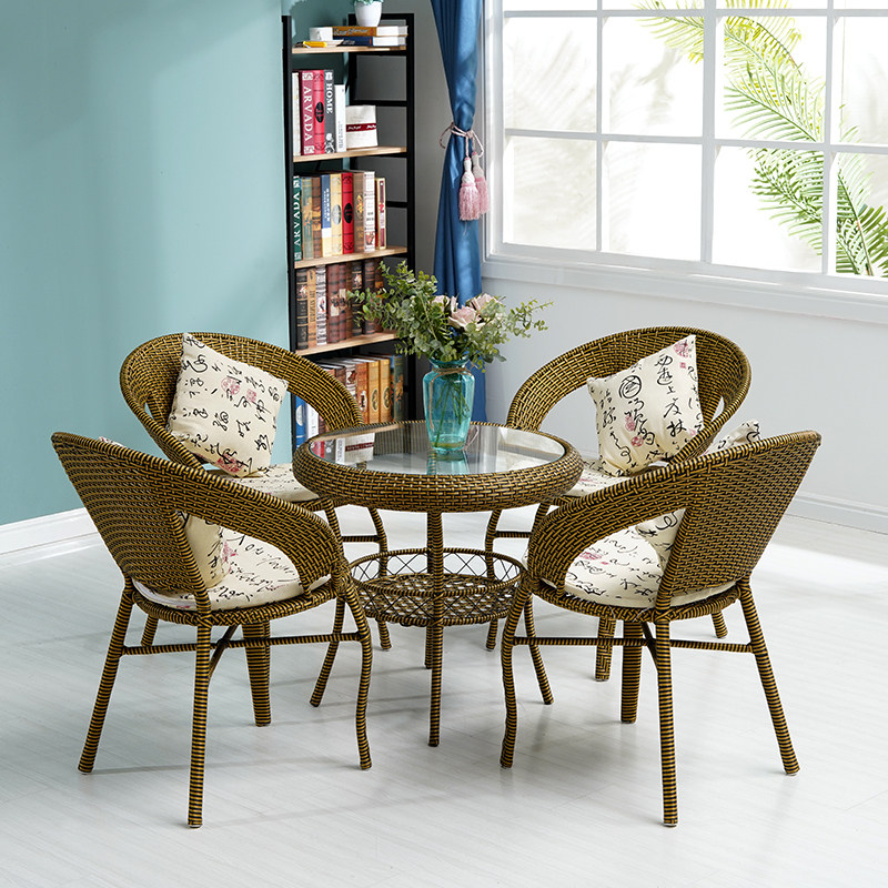 Balcony small coffee table Rattan chair Three-piece tea table Household single leisure backrest chair Outdoor Teng chair tea table combination