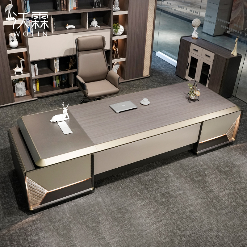 Boss Desk President Desk Simple Modern Office Furniture High-end Light Luxury Executive Desk Table Chair Combination LED Light