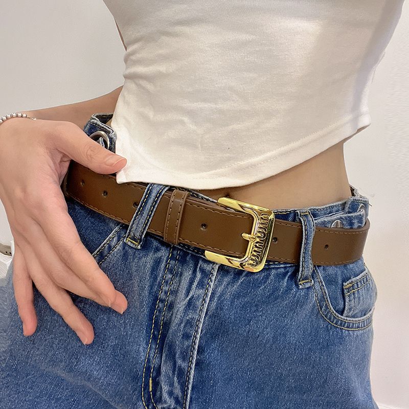 European and American Retro Style m Letter Belt for Women, High-End Simple Gold Metal Buckle Belt, ins Style Jeans Belt, Trendy European and American Retro Style m Letter Belt for Women, High-End Simple Gold Metal Buckle Belt, ins Style Jeans Belt, Trendy