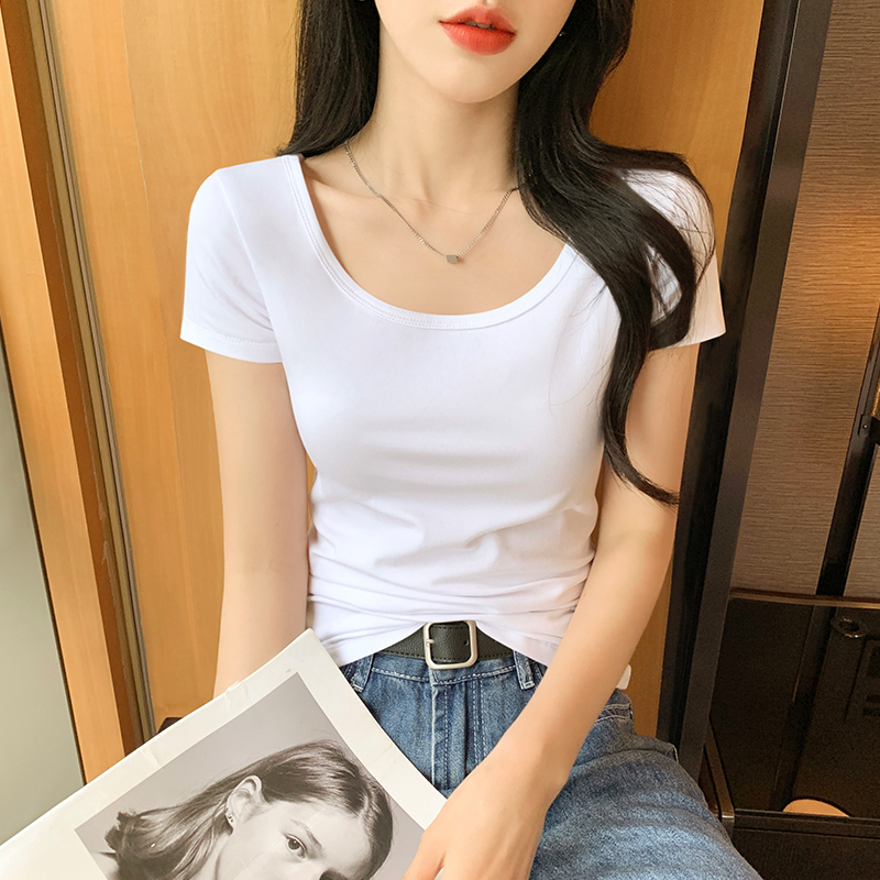 White Short-Sleeve T-Shirt for Women, Summer U-Neck, Fitted, Pure Cotton, Low-Neck, Half-Sleeve, 2026 New Style, Large Neckline, Regular Shoulder Top