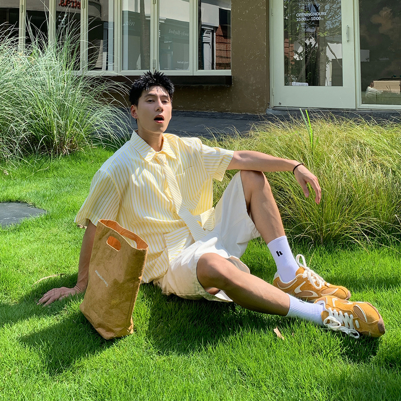 Holocene American-Style Trendy Brand Dopamine Lapel Vertical Stripe Tie Short-Sleeve Shirt Couple Loose Casual Shirt Holocene American-Style Trendy Brand Dopamine Lapel Vertical Stripe Tie Short-Sleeve Shirt Couple Loose Casual Shirt
