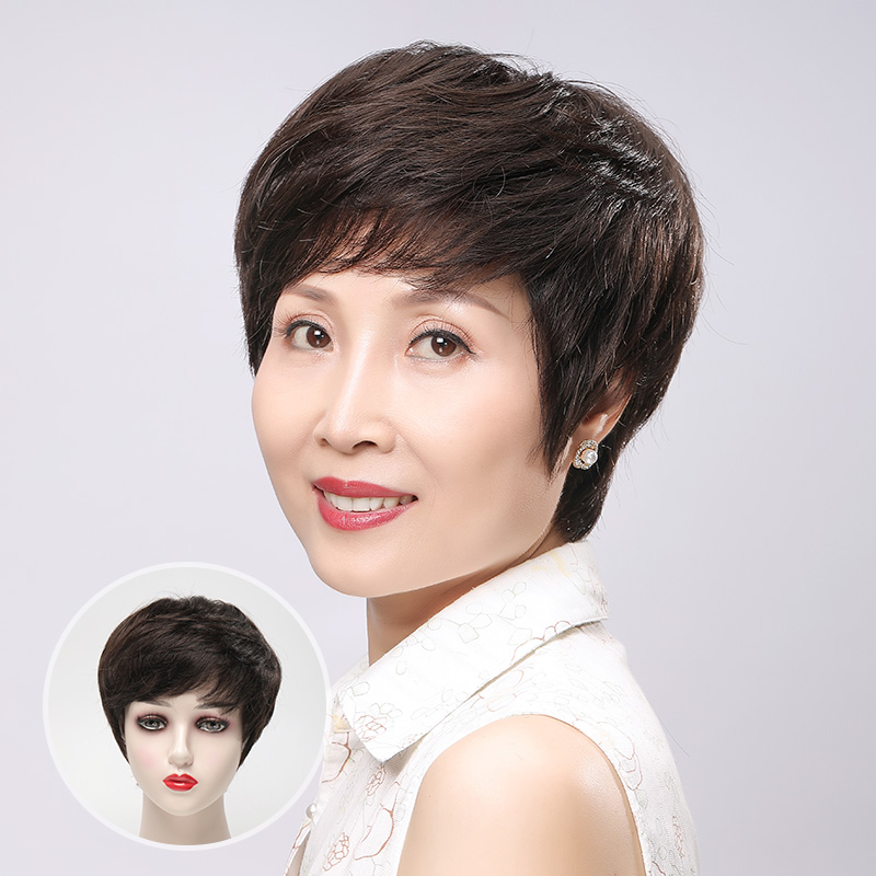 Wig Lady Short Hair Texture Roll Simulation Wig Lady Middle Aged Mom Wig Sets Female Real Hair Silk Full Head