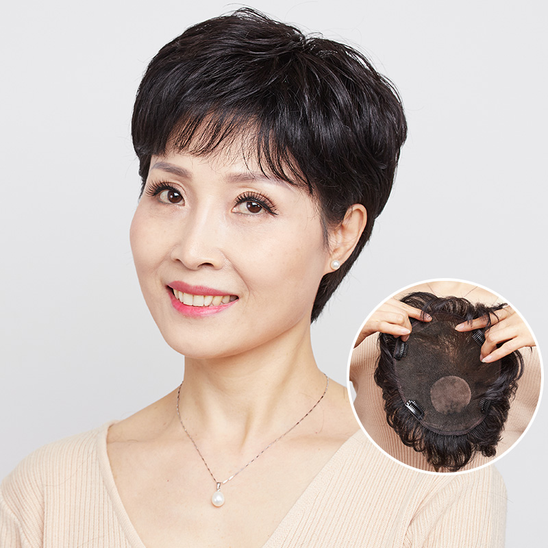 Wig sheet Top of the hair Hair Patch Woman Short Curly Hair Mom's Wig Fashion Textured OLD AND HALF-HEADGEAR IN REAL HAIR.