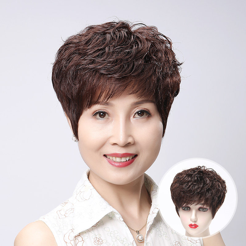 Wig Women Short Textures Summer Real Hair Old Age Mom Wig Sets Live-action Hairdresse Lady Wig Lady
