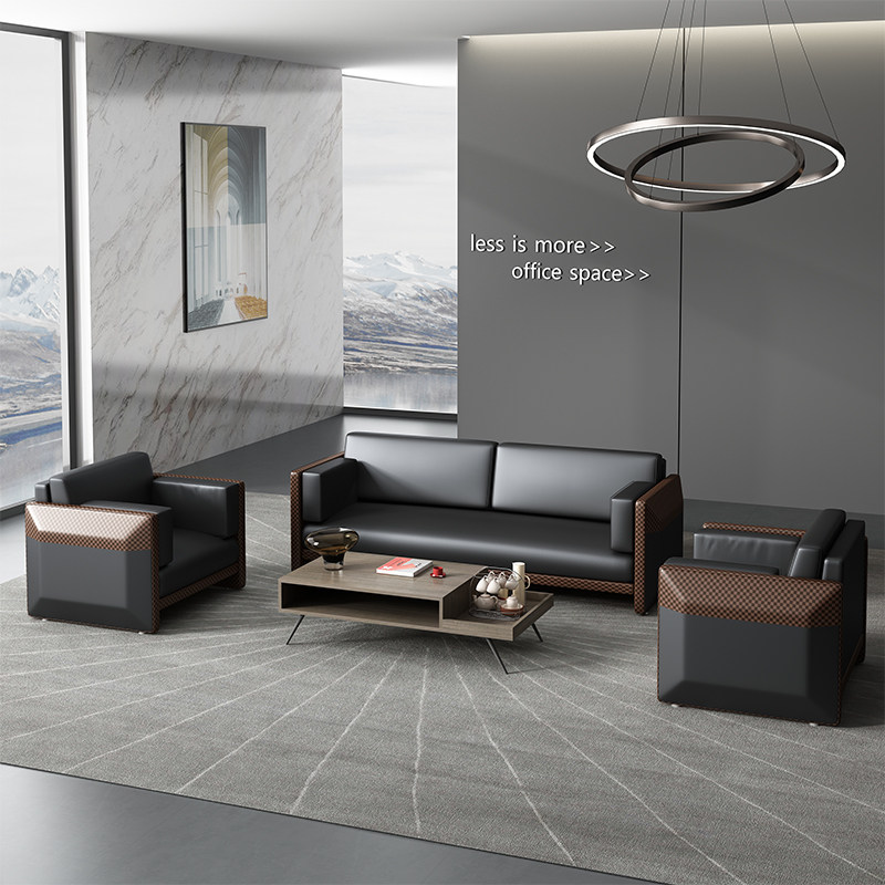 Simple modern fashion business office three people leather leisure negotiation reception room guest sofa tea combination