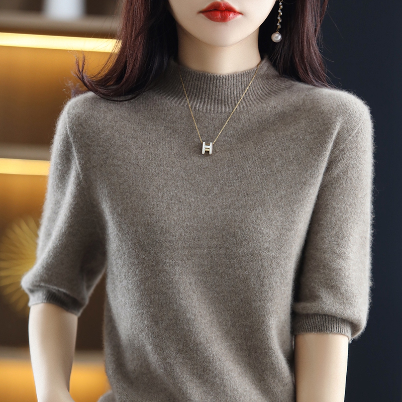 First-Line Ready-To-Wear Half-High Collar Short-Sleeved Women's Knitted Base Shirt, 100% Pure Wool Sweater, Five-Quarter Sleeve Loose Half-Sleeve Sweater First-Line Ready-To-Wear Half-High Collar Short-Sleeved Women's Knitted Base Shirt, 100% Pure Wool Sweater, Five-Quarter Sleeve Loose Half-Sleeve Sweater
