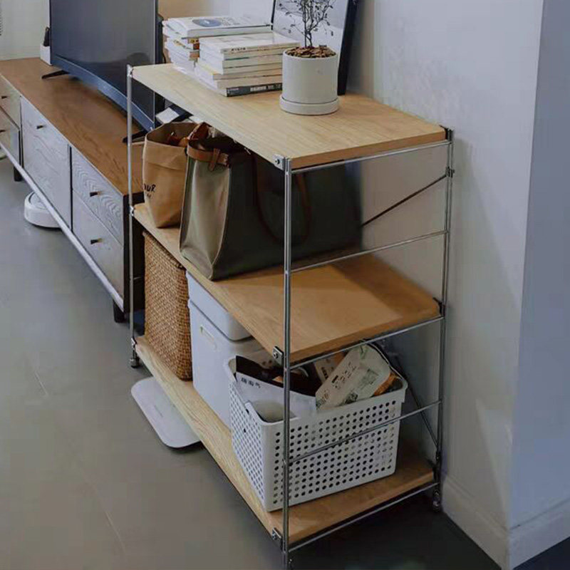 Japan-style stainless steel solid wood shelving floor multilayer bookshelves kitchen microwave oven containing finishing storage shelf-Taobao