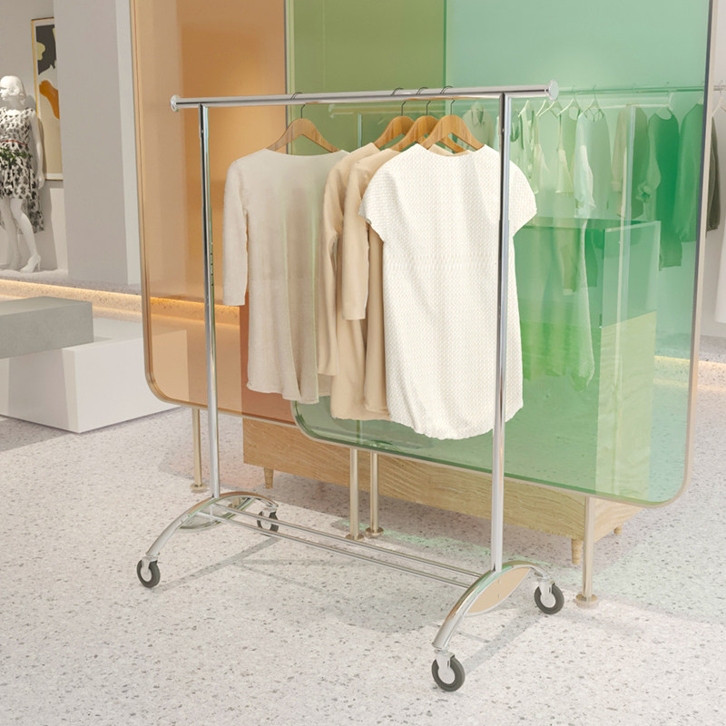 Clothing store display stand floor-standing with wheels white hanger special display rack women's clothing store shelf hanging bag rack