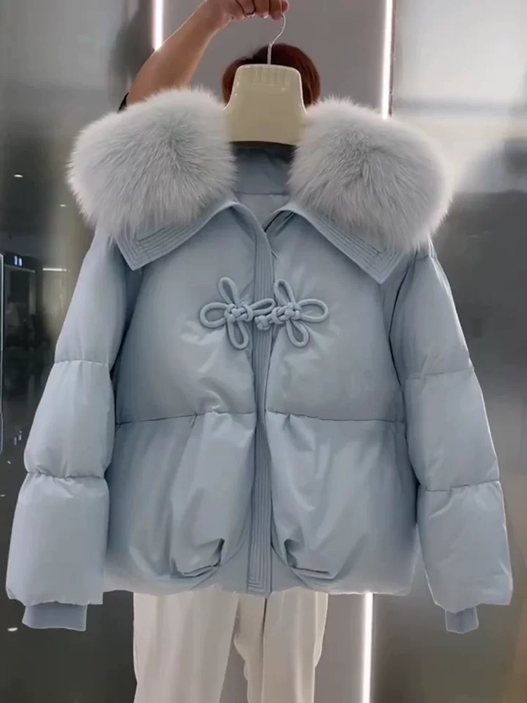Пуховик зимний короткий синий с пухом, стиль Chanel, оверсайз