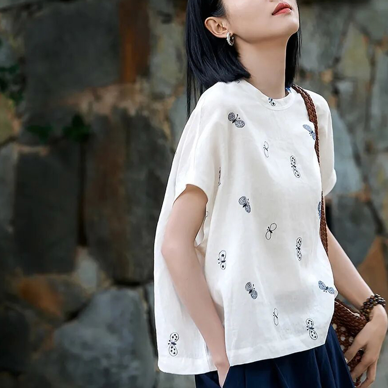 White Dew Butterfly Rain Dew Ramie Silk Tencel Top Three-Layer New Chinese Style Fabric Versatile Shirt Cool Linen Material