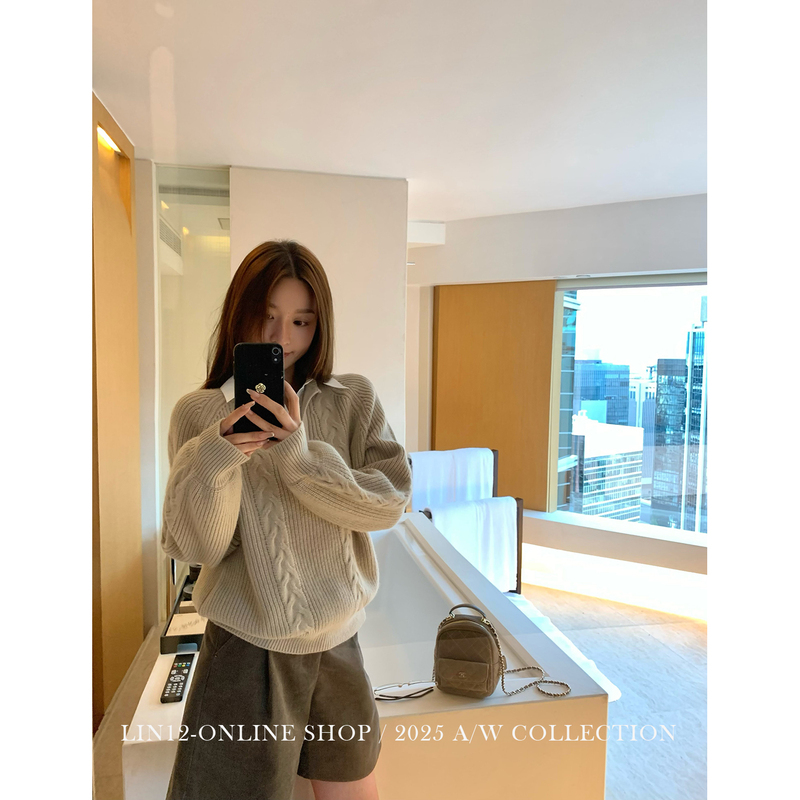 Lin12 - Copenhagen Past: Fake Two-Piece Cable Knit Sweater for Women, Long Sleeve V-Neck Slimming Top