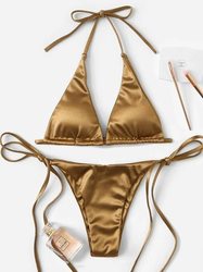 2023 Glossy Sexy Women's Triangle Thong Strappy Swimsuit Split Halter Neck Hot Girl Tanning Beach Bikini