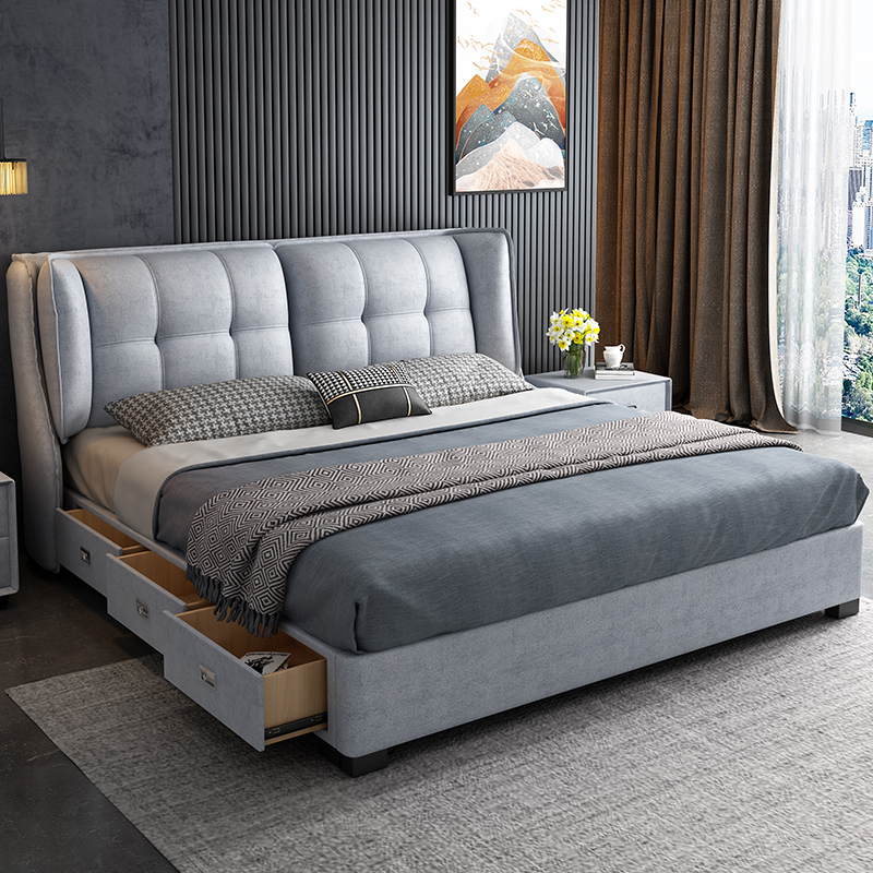 Tech Bunk Bed Master Bedroom Modern Minimalist Small Household Type Double Bed Soft Bunk Bed Large Bed Nordic Light Lavish Solid Wood Fabric Bed-Taobao