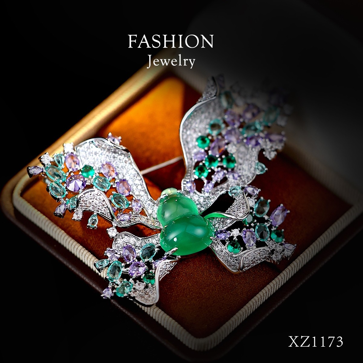 Butterfly and Bird Micro-Inlaid Zircon Butterfly Jade Gourd Brooch Luxurious Women's Coat Elegant Suit Accessory Evening Brooch