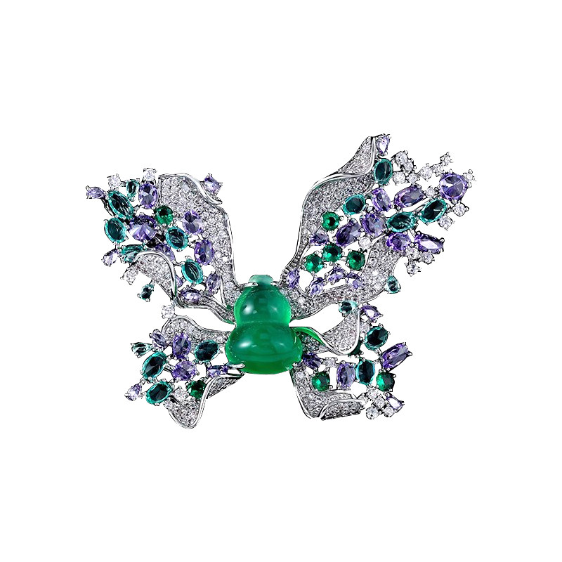 Butterfly and Bird Micro-Inlaid Zircon Butterfly Jade Gourd Brooch Luxurious Women's Coat Elegant Suit Accessory Evening Brooch