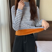 Semi-high neck striped base shirt female slim body slim inner strap plus velvet padded top winter base small shirt Joker