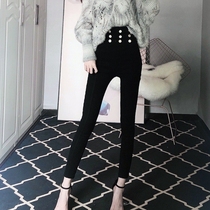 New 2020 autumn and winter Korean fashion trousers button high waist elastic tight bottoming foreign style pencil pants women