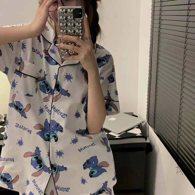 V Stitch Internet celebrity pajamas ແມ່ຍິງ summer ຊຸດ ins ສະບັບພາສາເກົາຫຼີງາມແລະຫວານກາຕູນນັກສຶກສາຍີ່ປຸ່ນເຄື່ອງນຸ່ງຫົ່ມເຮືອນ