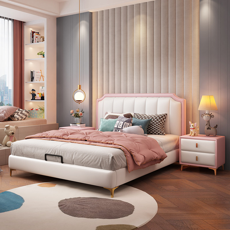 Child Bed Girl Princess Bed Pink Modern Minima Light Lavish Lace Net Red Daughter Room Solid Wood Genuine Leather Girl Bed