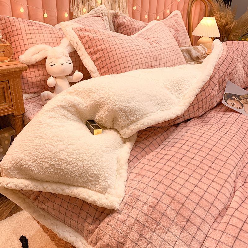 Double-sided milk coral suede bedding thickened plus velvet four-piece quilt cover autumn lamb flannel sheets