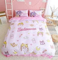 Pure Cotton Cartoon Beauty Less Female Warrior Four Pieces Full Cotton Pink Girl Hearts Quilt Cover Single Bed Three-Four Sets Girls