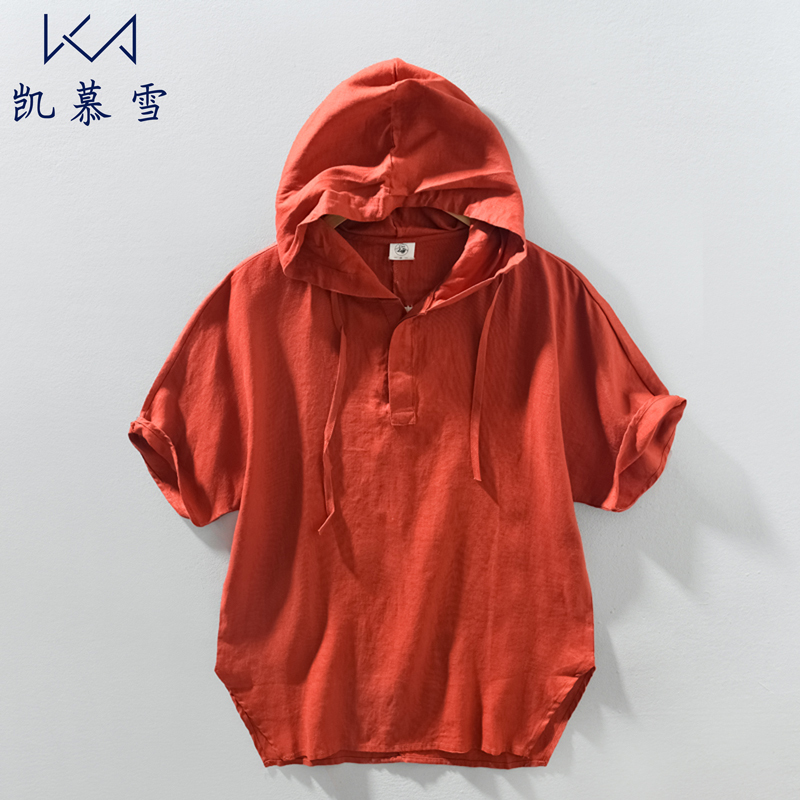 Chinese Style Men's Pure Linen Hooded Short-Sleeve T-Shirt, New Chinese Style Large Size Solid Color Full Linen Half-Sleeve Shirt, Trendy T-Shirt