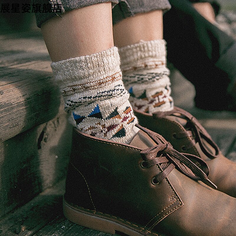 Spring and summer mid-tube socks for women Japanese retro thick line knitted cotton famous family style personality pattern stockings for men