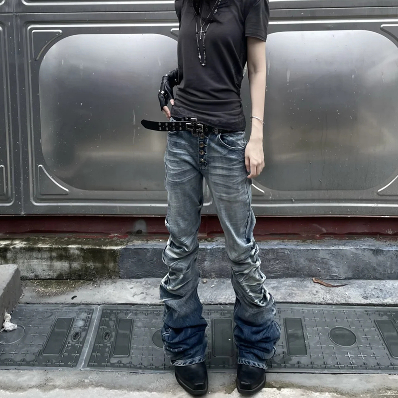 American Retro Washed Wrinkled Whiskered Scimitar Jeans for Women, Autumn Trendy Slim-Fit Narrow Straight-Leg Stacked Long Pants