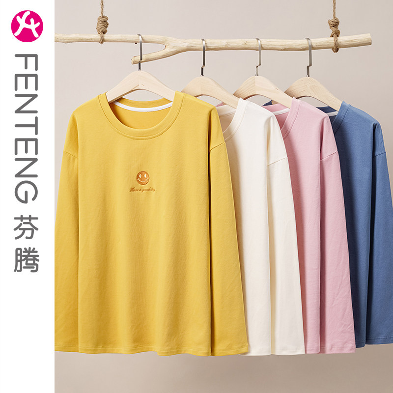 Fenteng cotton women's top, round neck, plus size, long sleeve, loose fit, sleepwear, undershirt, loose fit, home wear 