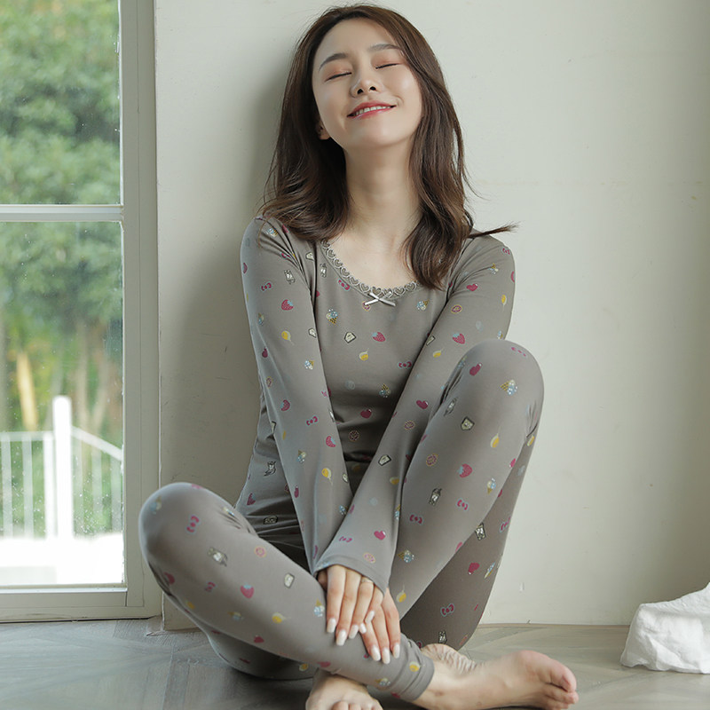Fenteng autumn and winter thin section ladies thermal underwear long-sleeved Japanese printing two-piece set bottoming lace autumn clothes and autumn trousers spring
