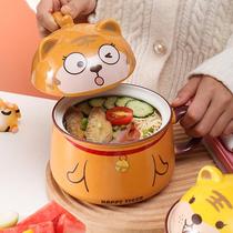 Tiger Year Ceramic Bubble Noodle Bowl with cover Student Dormitory Large Capacity Mega Belt Handle Lunch Box Cute High Face Value Cutlery