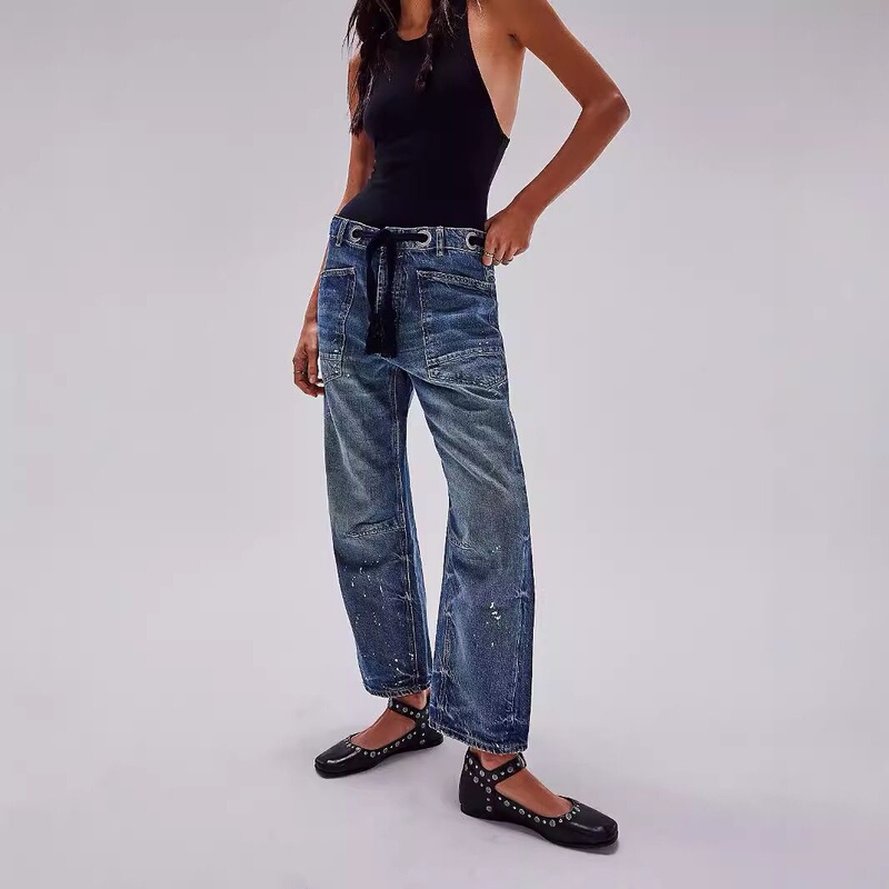 2024 Amazon Cross-Border Autumn New European and American Style Women's Loose Straight-Leg Drawstring Casual Long Jeans
