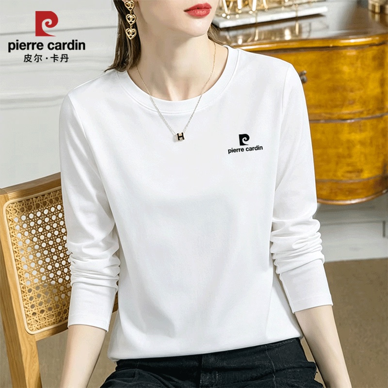 Pierre Cardin High-End Pure Cotton Long-Sleeved T-Shirt for Women 2026 Spring and Autumn Round Neck Breathable Versatile Slimming White Top