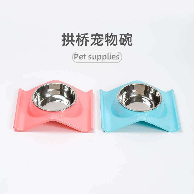 20 New Pets Single Bowl Arch Bridge Double Bowl Plastic Stainless Steel Dog Bowls Feeding Drinking Water Kitty Goods Manufacturer Direct