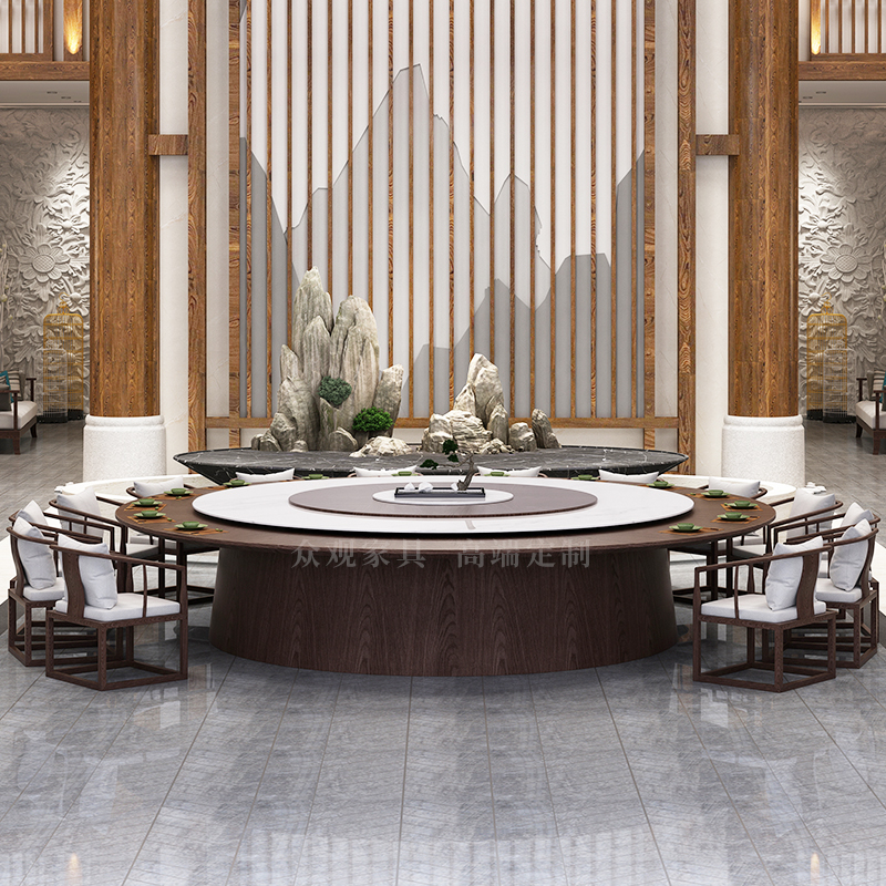 Zhongguan new Chinese style hotel dining table large round table marble electric 20 people clubhouse villa hotel private room hot pot table