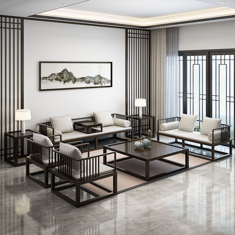 Crowd View Hotel Sofa Combination Bag Box New Chinese Solid Wood Sofa Villa Hotel Decent Board House Zen Hotel Innate