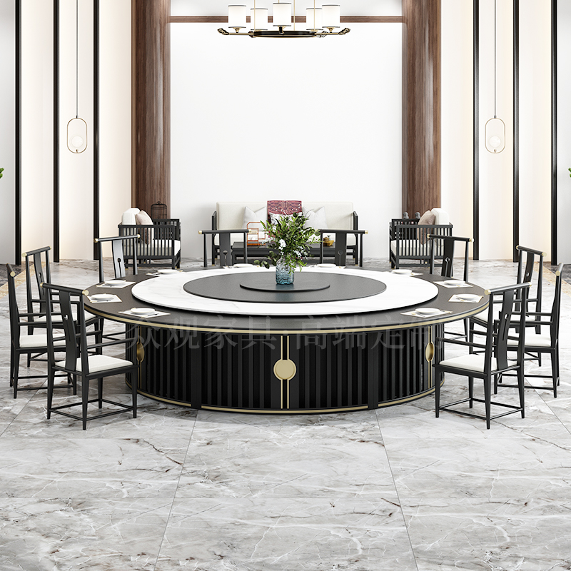 Crowd View Hotel Electric Big Round Table New Chinese Club Hotel Bag Compartment 15 People 20 People Marble Turntable Hotpot Table
