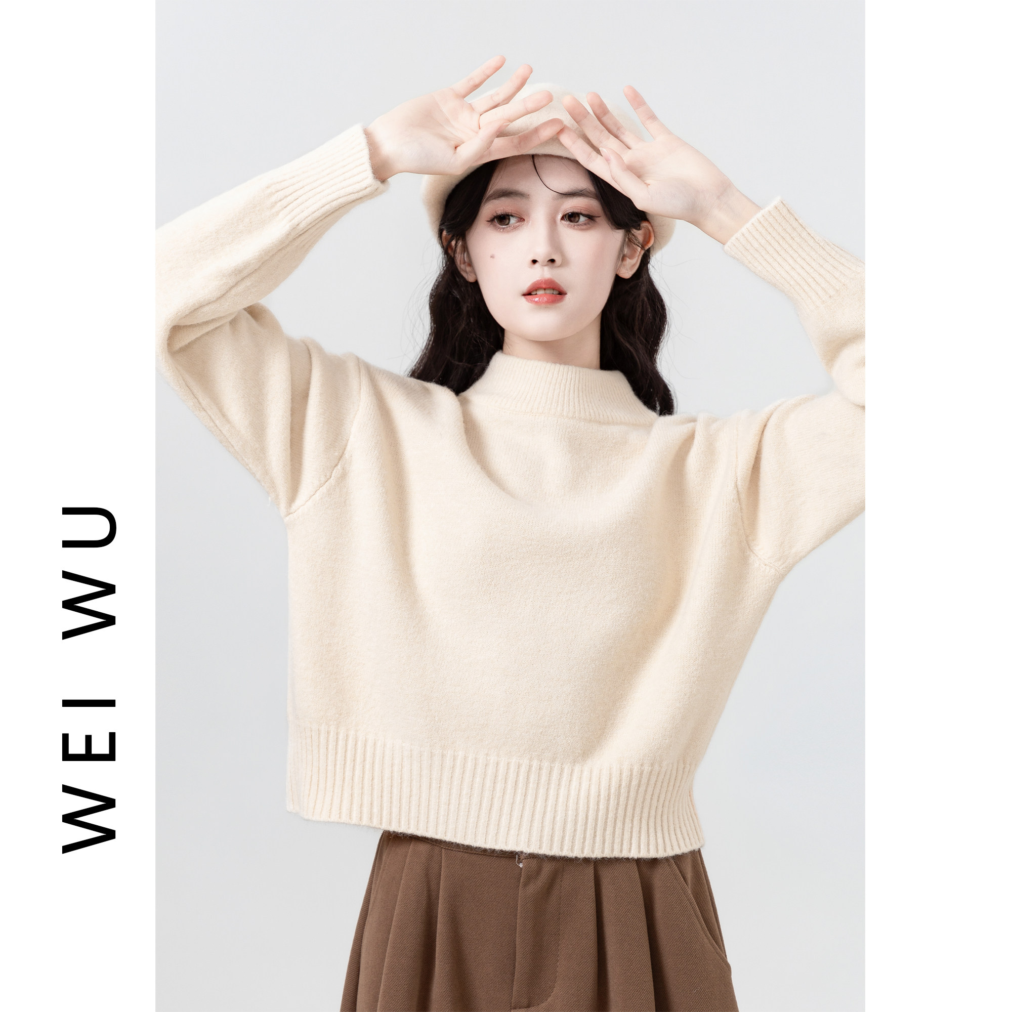 Apricot half-high collar sweater woman 2023 autumn winter new inner hitch bottom thickened knit cardiovert small subshort blouses-Taobao