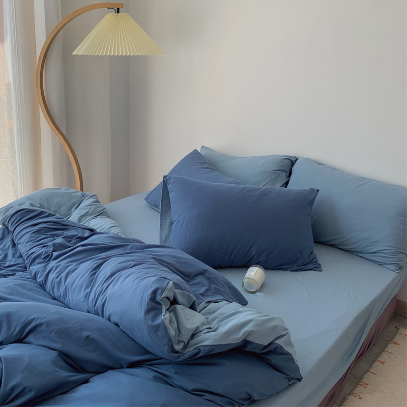 2022 new pure cotton cotton four-piece knitted cotton haze blue simple modern solid color double spell nude bed single