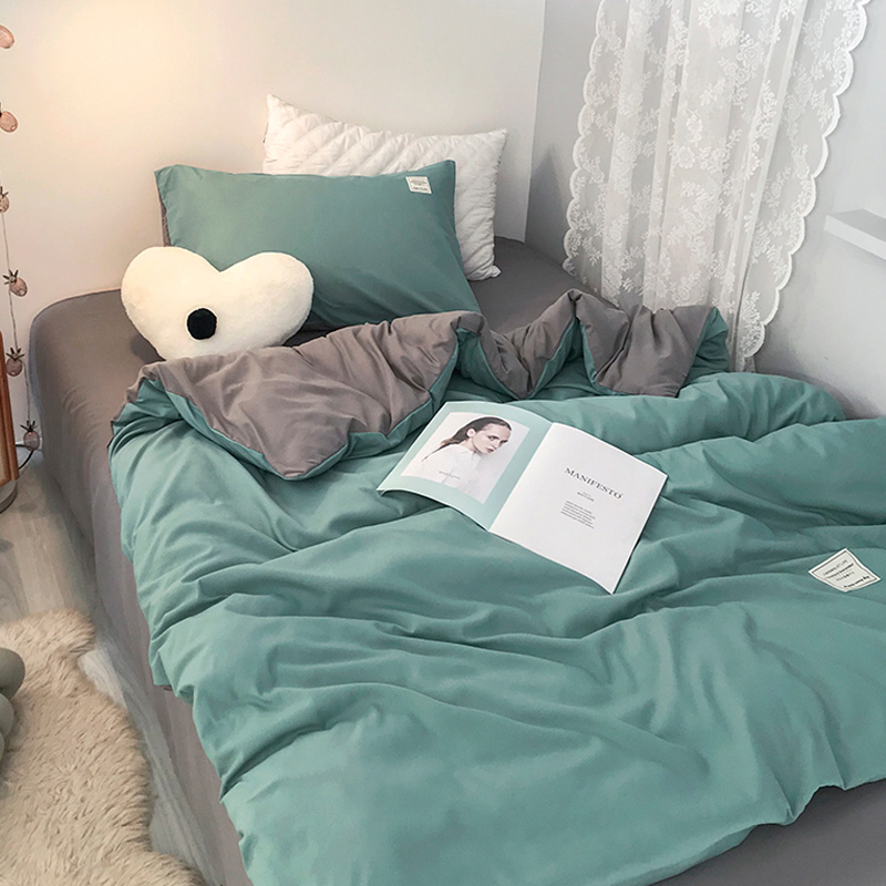 Washed cotton quilts covered with four pieces of Nordic Wind pure color Student Dormitory Quilt Cover Three bed group beds All cotton bunk