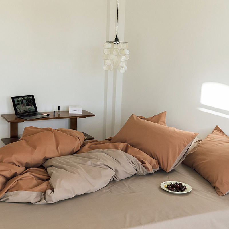 Pure Color Double Stock Tribute Satin Mill Wool Four Pieces Full Cotton Pure Cotton Bed Bedding Single Double Caramel Color Four Sets Softness