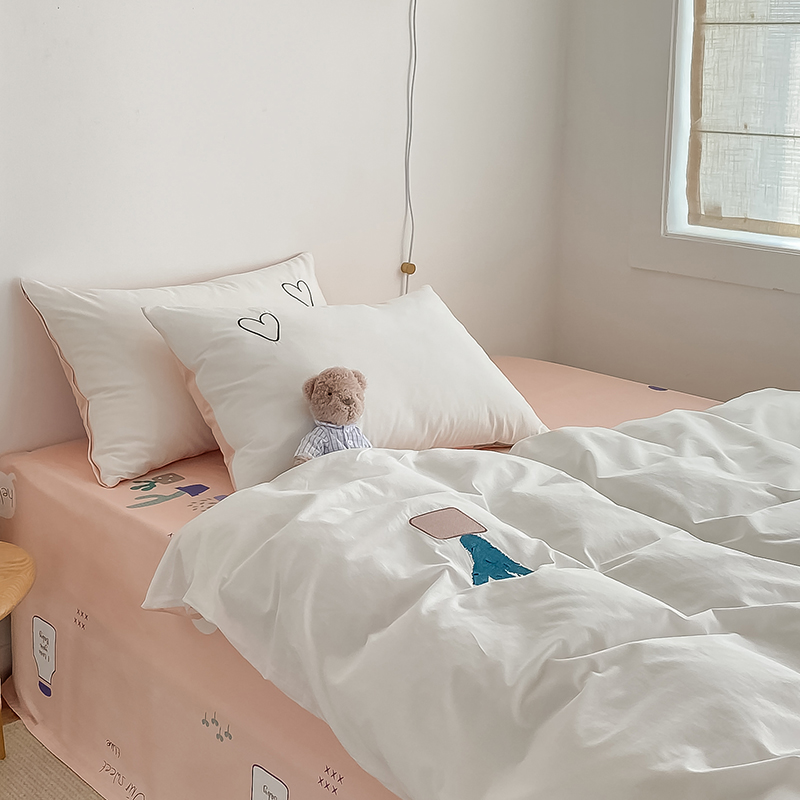 ins minimal small fresh cotton tilt four pieces of water washing cotton embroidery pure cotton three - piece bed beds bedding dormitory