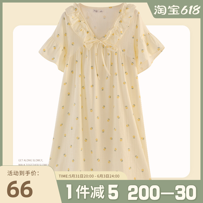 New Sleeping Skirt Woman Summer Short Sleeve Han Edition Pure Cotton Double Layer Gauze Half Sleeve Sweet Girl Full Cotton Crushed Flowers Middle Skirt